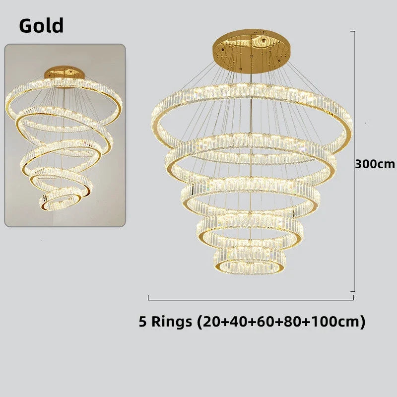 lustre moderne en cristal avec anneaux réglables pour décoration intérieure
