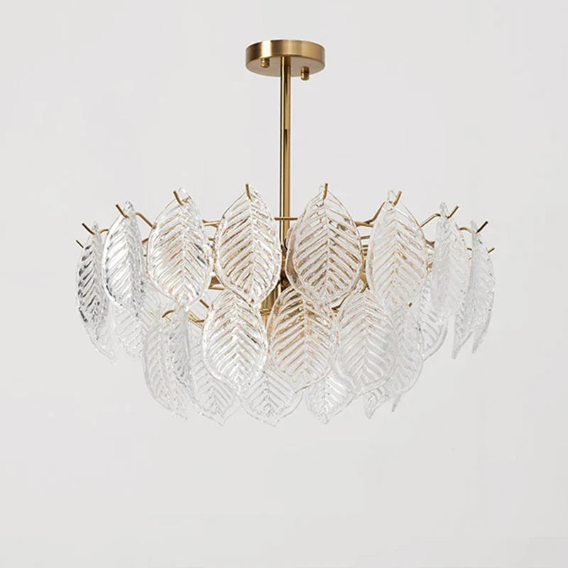 lustre moderne en verre suspendu avec décoration de feuilles