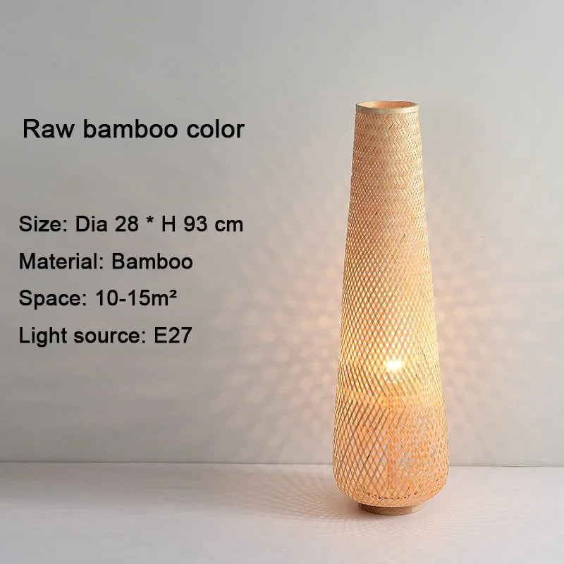 lampadaire cylindrique en bois et osier rétro tissé en bambou