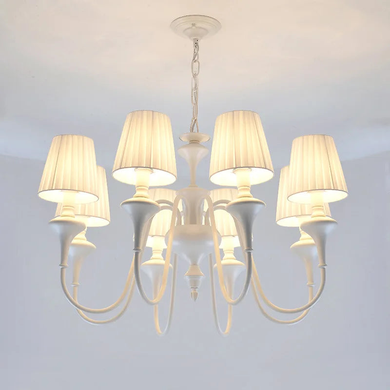 lustre moderne à trois ou six lumières en métal avec abat-jour tissu