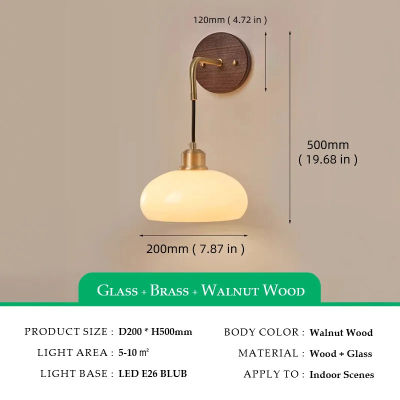 Walnut Wood Glass Brass, Wabi-sabi minimalist Modern style, Wall Sconce light for Bedroom, Bedside, Living, Dining Room