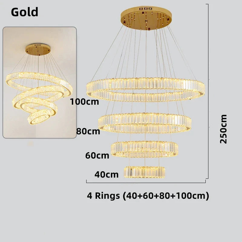 lustre moderne en cristal avec anneaux réglables pour décoration intérieure