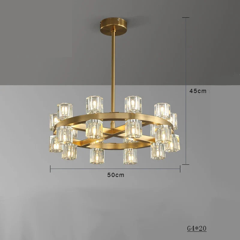 lustre moderne en cuivre led avec cristaux pour hôtel et foyer