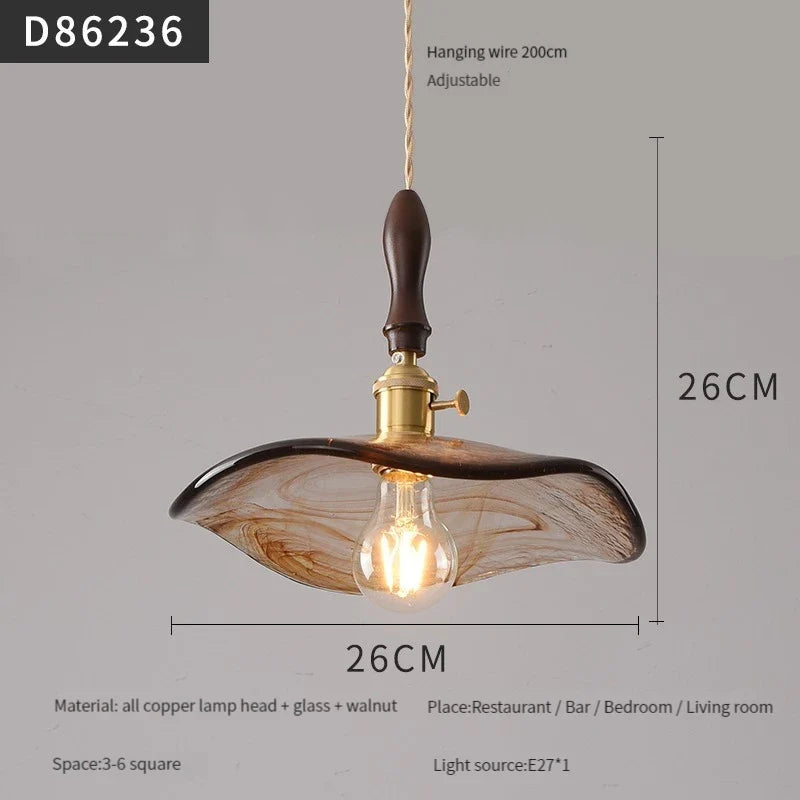suspension moderne en laiton avec abat-jour rustique en verre de noyer