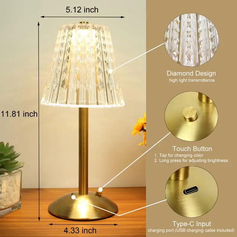 1-4Pcs LED Crystal Table Lamp Touch Sensor Desk Lamp USB Cordless Night Light Restaurant Atmosphere Lamp Bar Cafe Home Decor