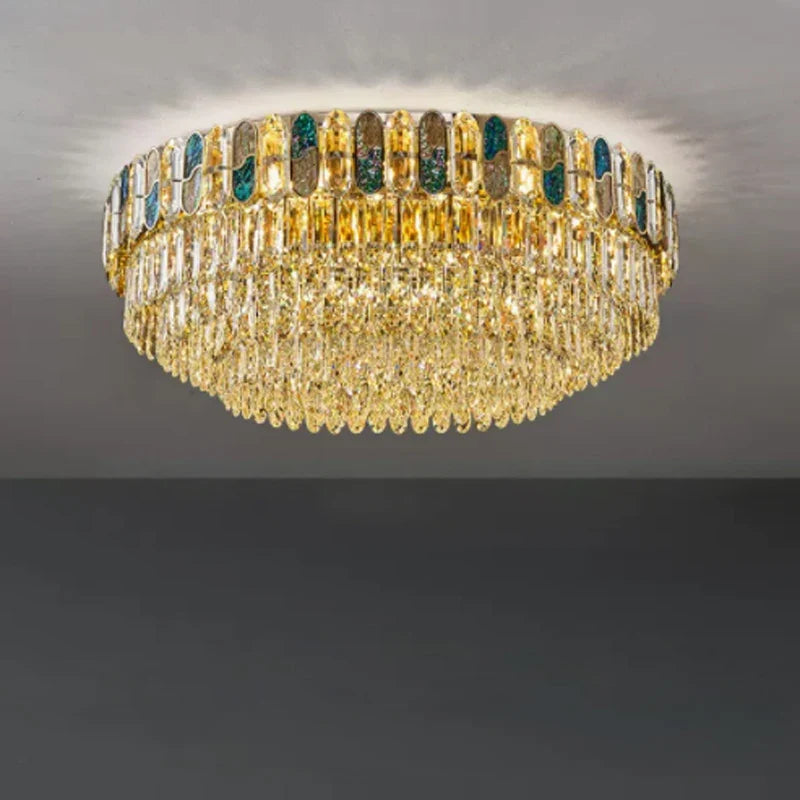plafonnier led art déco en cristal doré et acier inoxydable