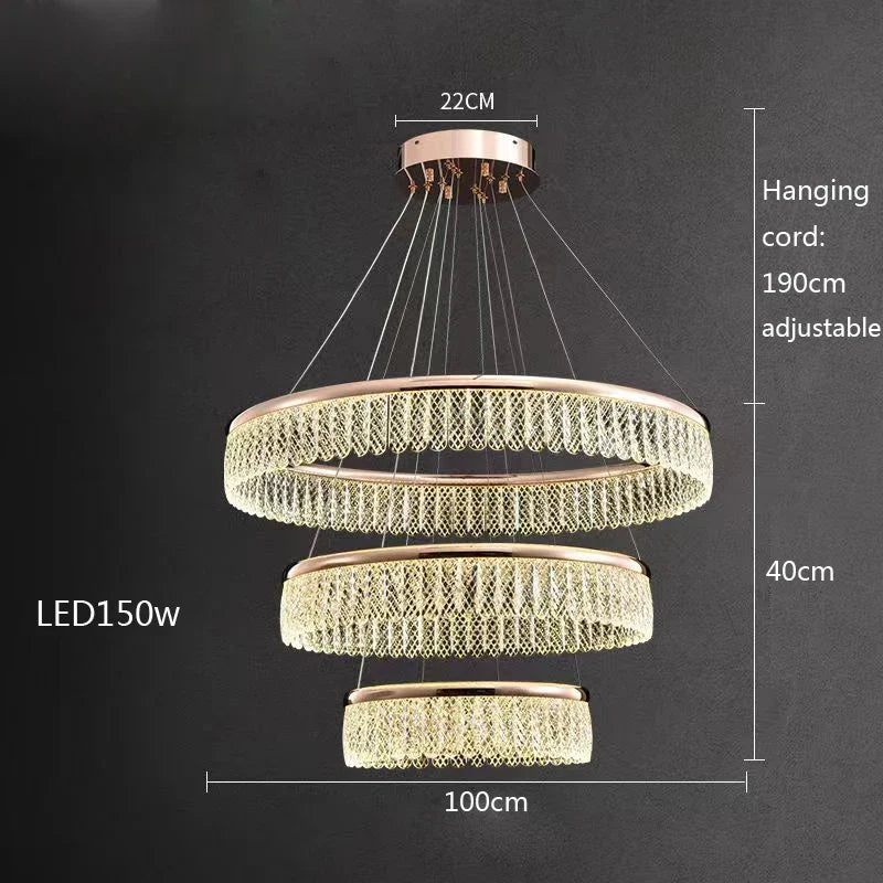 lustre led en cristal losange rond à plusieurs anneaux luxueux