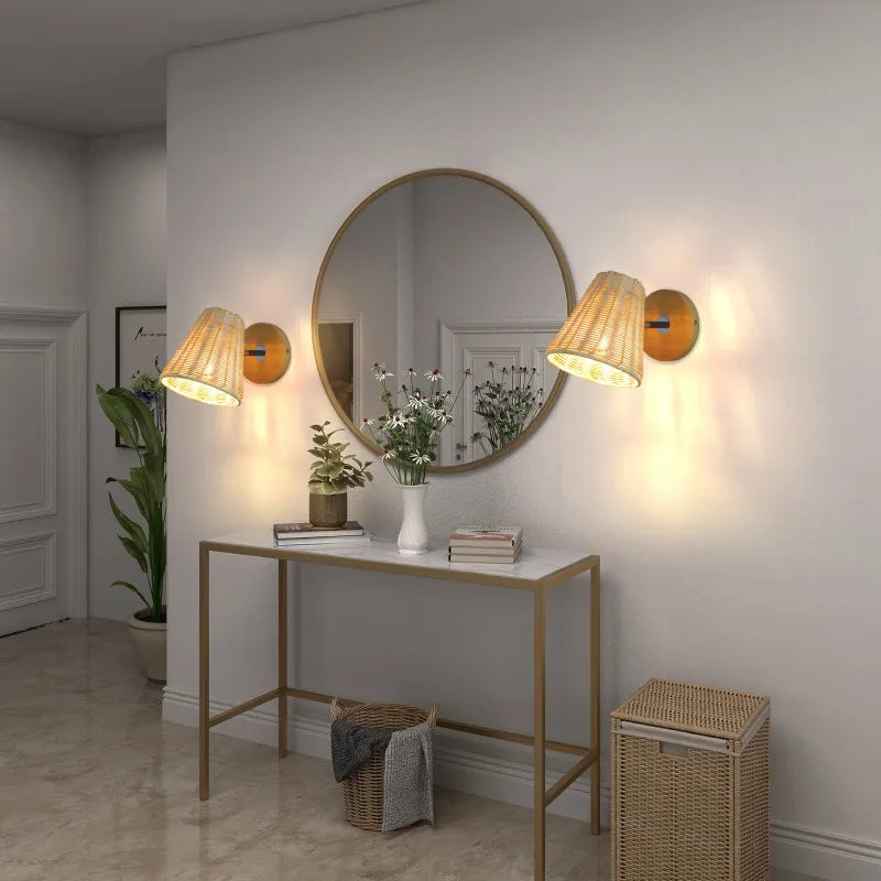 applique murale led vintage en rotin tissée à la main avec interrupteur