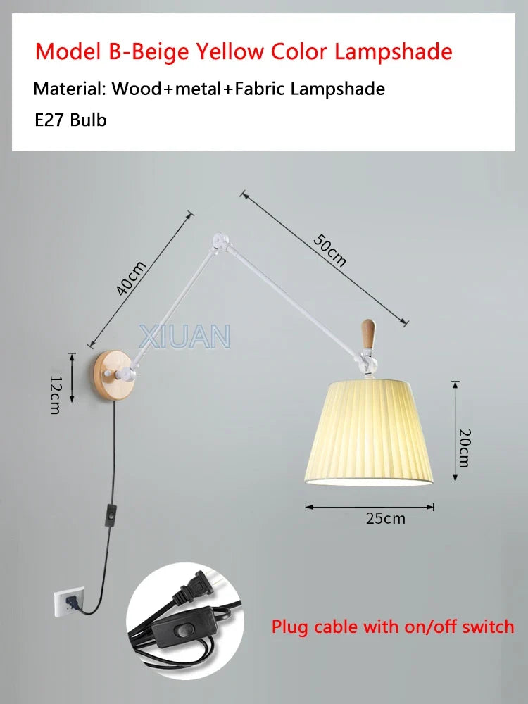 Nordic Shiftable Rocker Arm Wall Lamps Fabric Lampshade Dining Table Wall Light for Bedside Study Reading Lighting ON/OFF Switch