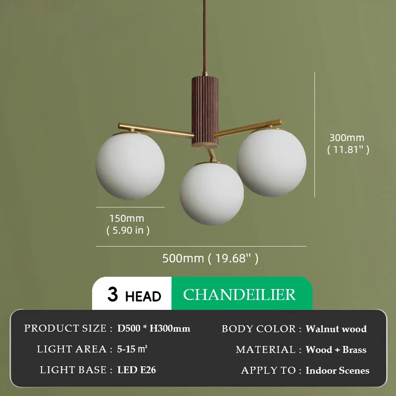 Walnut Wood Brass Round Glass, Wabi-sabi Modern Simple style, Chandelier light for Living room, Bedroom, Dining room, Study