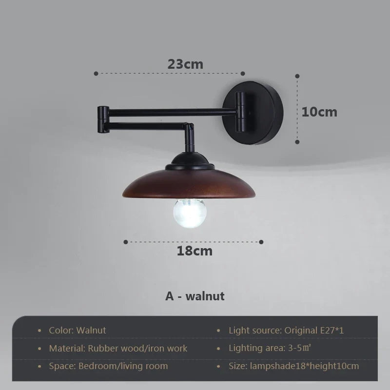 applique murale rotative en bois avec bras pivotant réglable