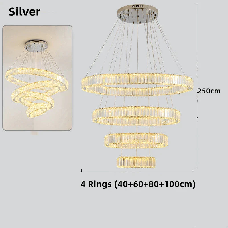 lustre moderne en cristal avec anneaux réglables pour décoration intérieure