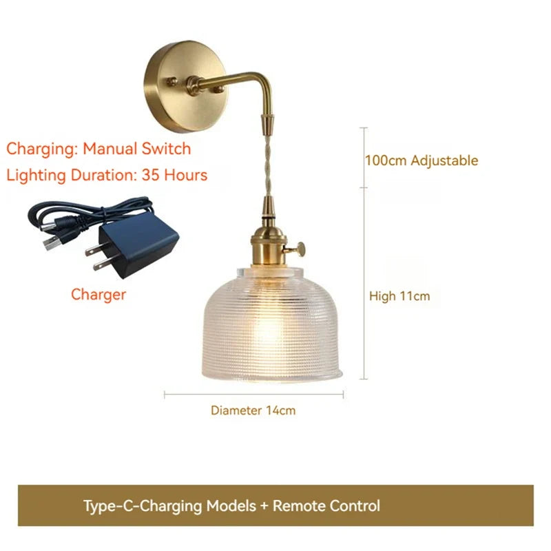applique murale led scandinave en verre et laiton avec interrupteur à batterie