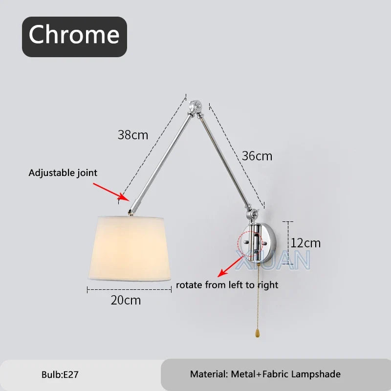 Luxury Chrome Wall Lamp Swing Long Rocker Arm Wall Light LED E27 Adjustable Joint Fabric Sconce Reading Wall Lamps with Switch