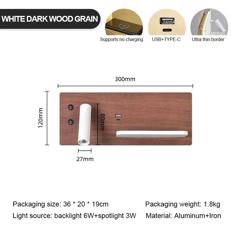USB LED charge sans fil applique murale or luxe lecture applique murale maison hôtel chambre salon multi-fonction avec interrupteur