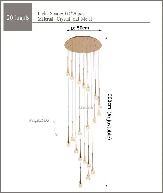 2024 Teardrop LED chandelier staircase luxury corridor long spiral crystal lamp modern home decorative chandelier fixtures