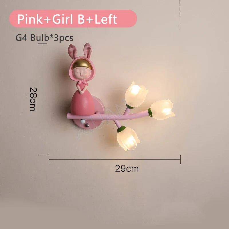 applique murale fille lapin g4 led fleur