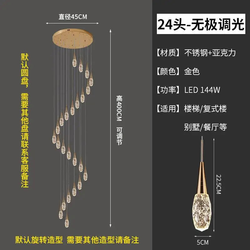 lustre d'escalier duplex lumière moderne de luxe rotatif en cristal