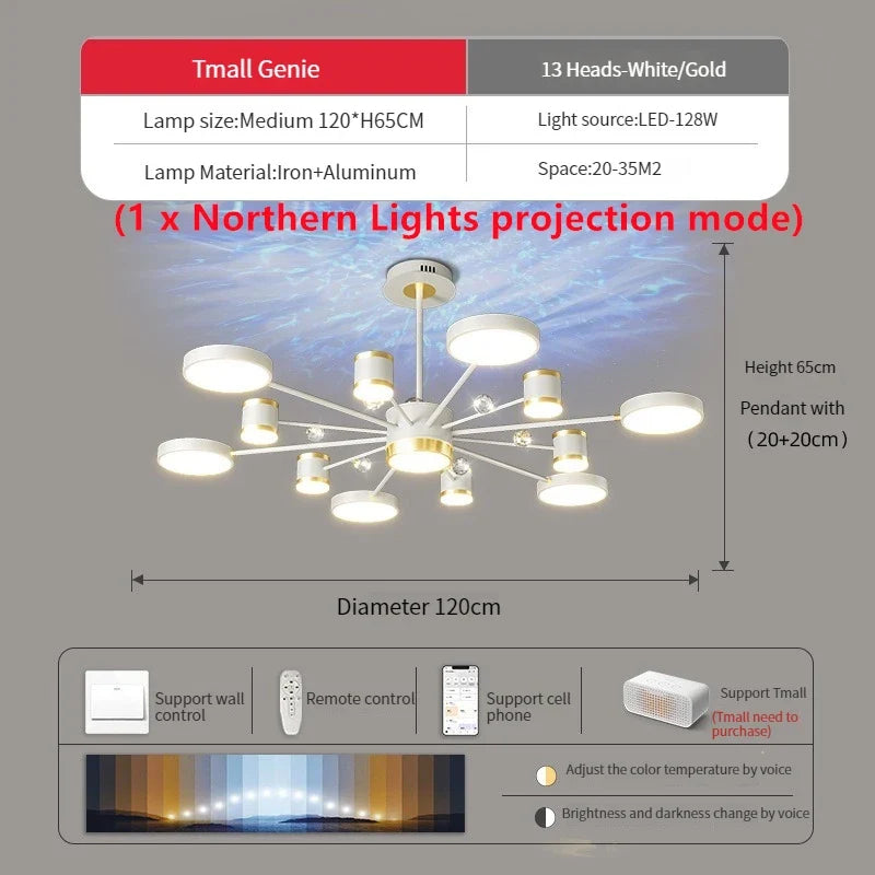 lustre led d'aurores boréales en cristal luxueux suspendu au plafond