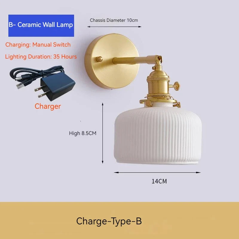 applique murale rechargeable en céramique avec interrupteur rotatif style vintage