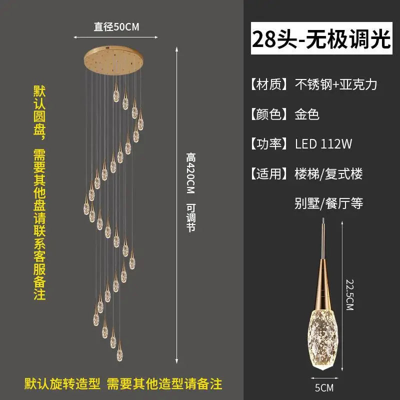 lustre d'escalier duplex lumière moderne de luxe rotatif en cristal