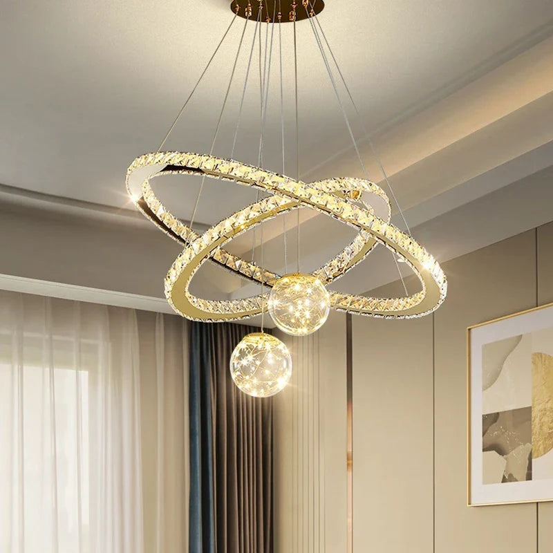 lustre led moderne en cristal doré anneau étoile boule de verre