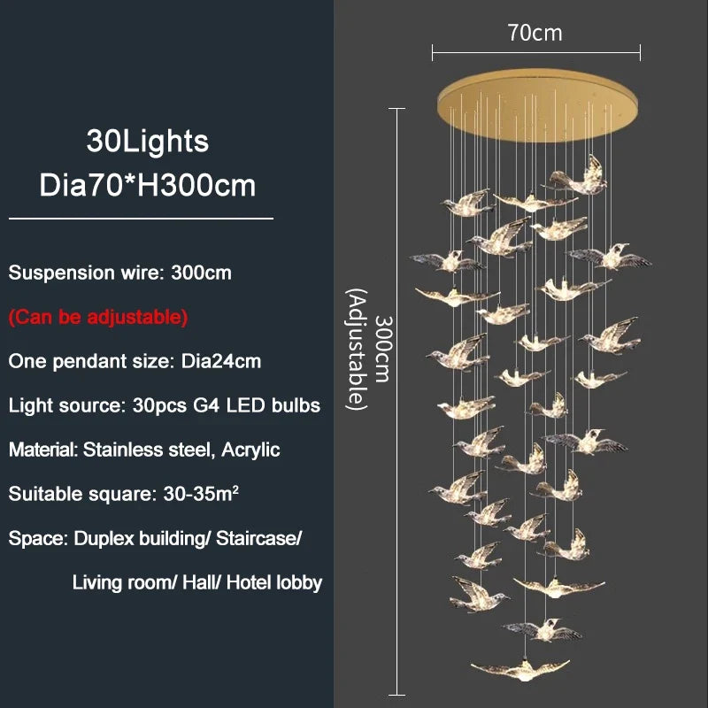 YOULAIKE oiseau design led lustre pour escalier de luxe salon suspendu luminaire couloir longue spirale acrylique lampes