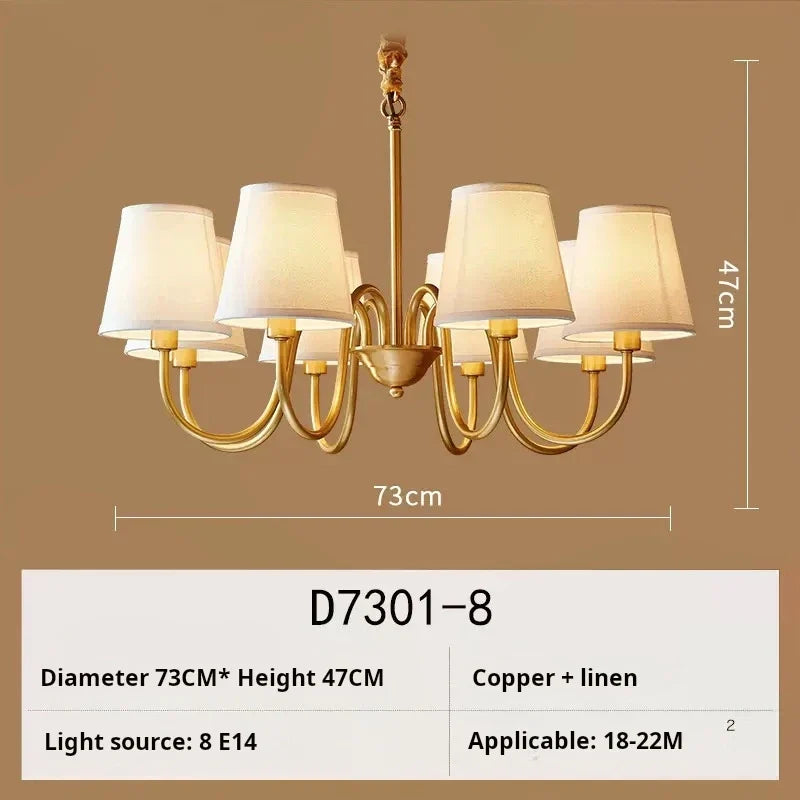 lustre américain rétro en cuivre avec led et tissu suspendu