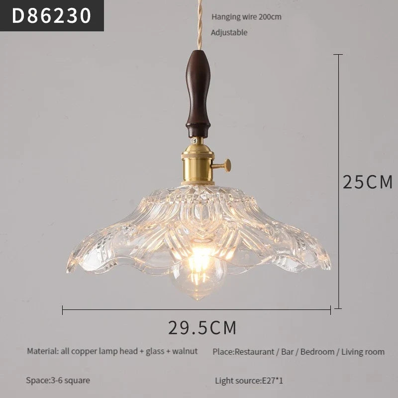 suspension moderne en laiton avec abat-jour rustique en verre de noyer