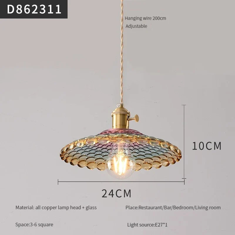 suspension moderne en laiton avec abat-jour rustique en verre de noyer