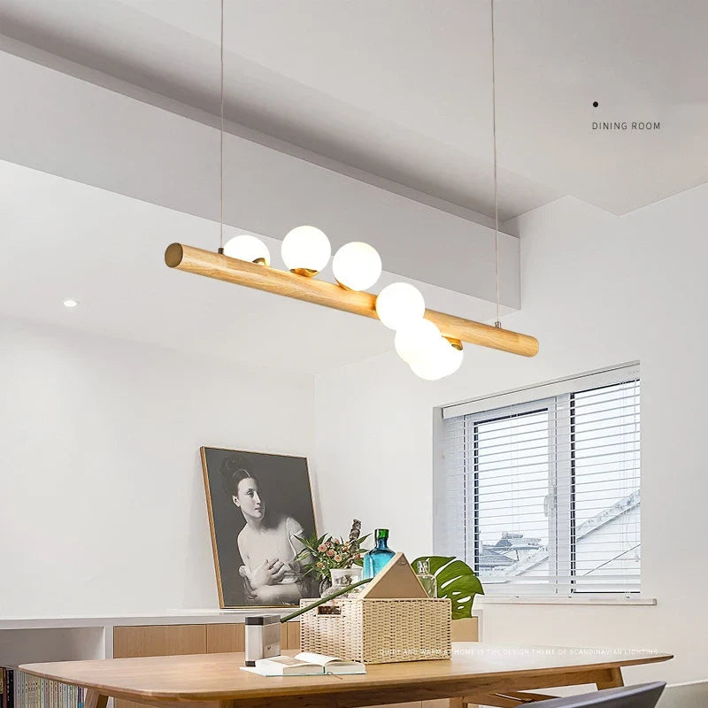 LED longue suspension en bois lumières moderne boule de verre lustre Art Design Luminaire en bois G9 suspension pour éclairage de salle à manger