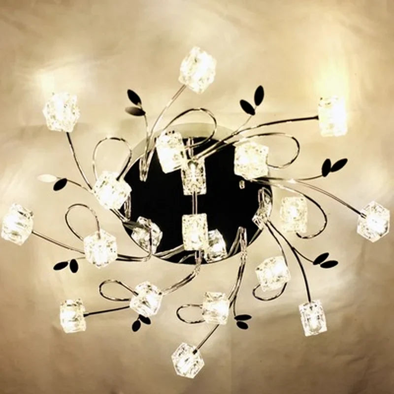 lustre moderne en métal chromé avec cristal et éclairage led