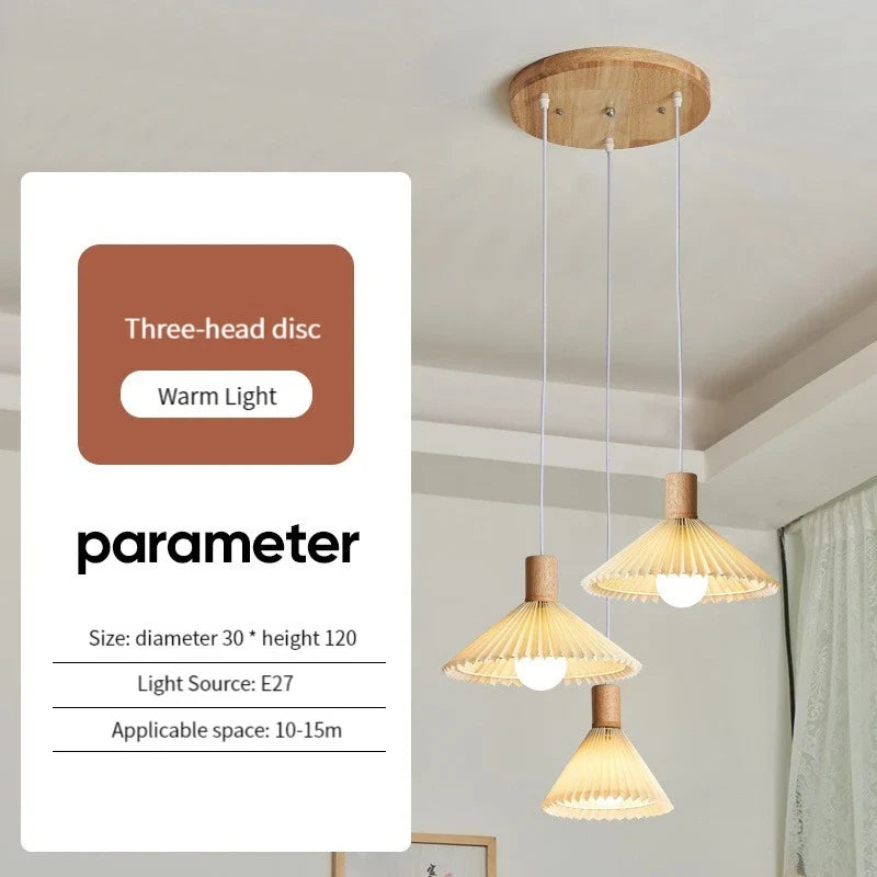 lustre nordique moderne en tissu plissé avec base en bois