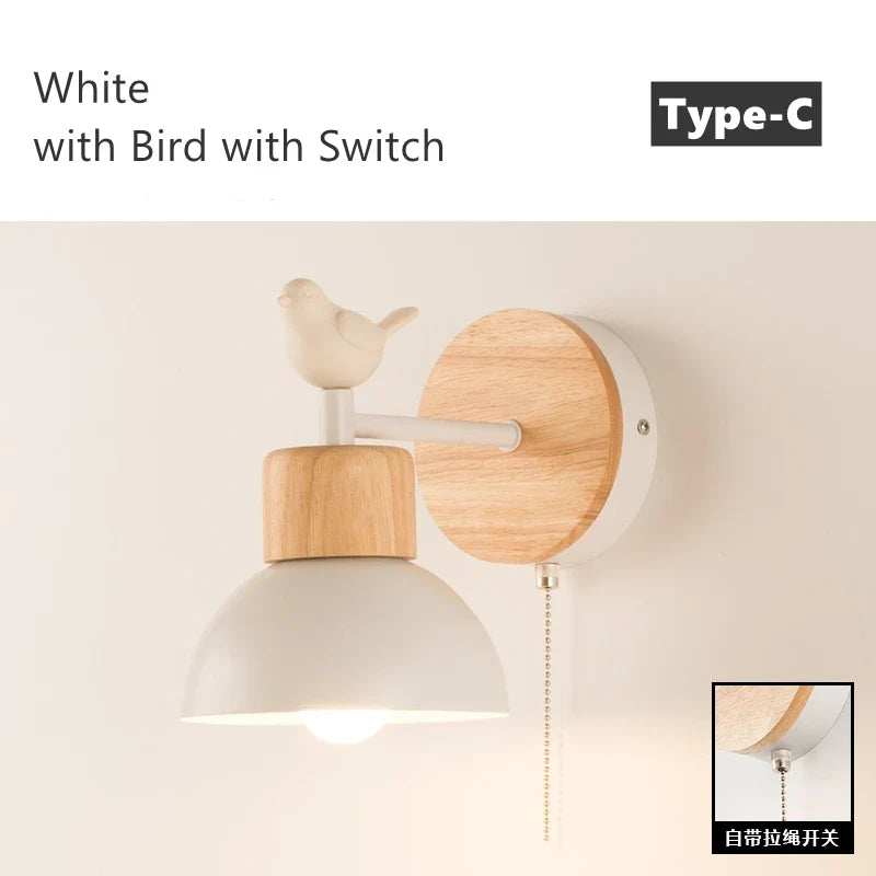 applique murale nordique en bois avec interrupteur décoratif oiseau