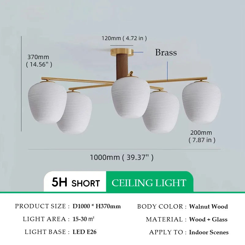 Walnut Wood Brass Fruit Glass, Wabi-sabi Modern Simple style, Chandelier light for Living room, Bedroom, Dining room, Study