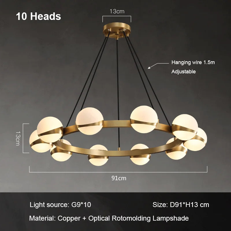 lustre nordique de luxe en cuivre avec anneau décoratif