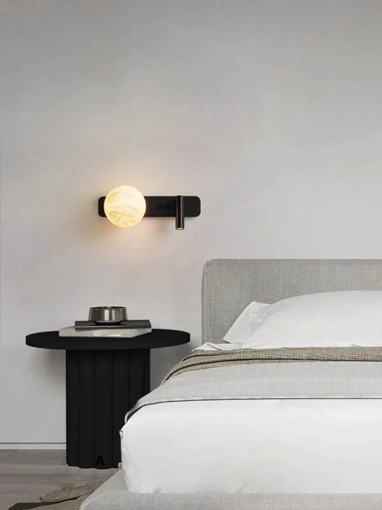 Modern Minimalist Black Rotatable All Copper Natural Marble Wall Lamp, Bedroom Bedside Lamp, Light Luxury Living Room Wall Lamp