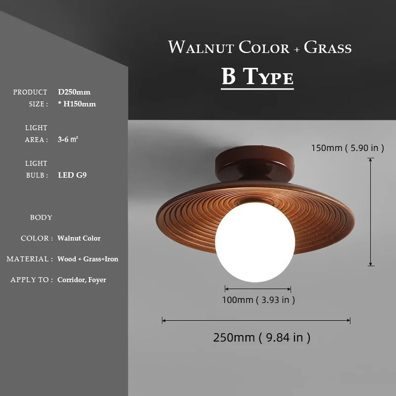 Walnut wood Brass lighting, Modern Minimalism Wabi-sabi Style, Ceiling light for Porch, Entrance, Corridor, Balcony