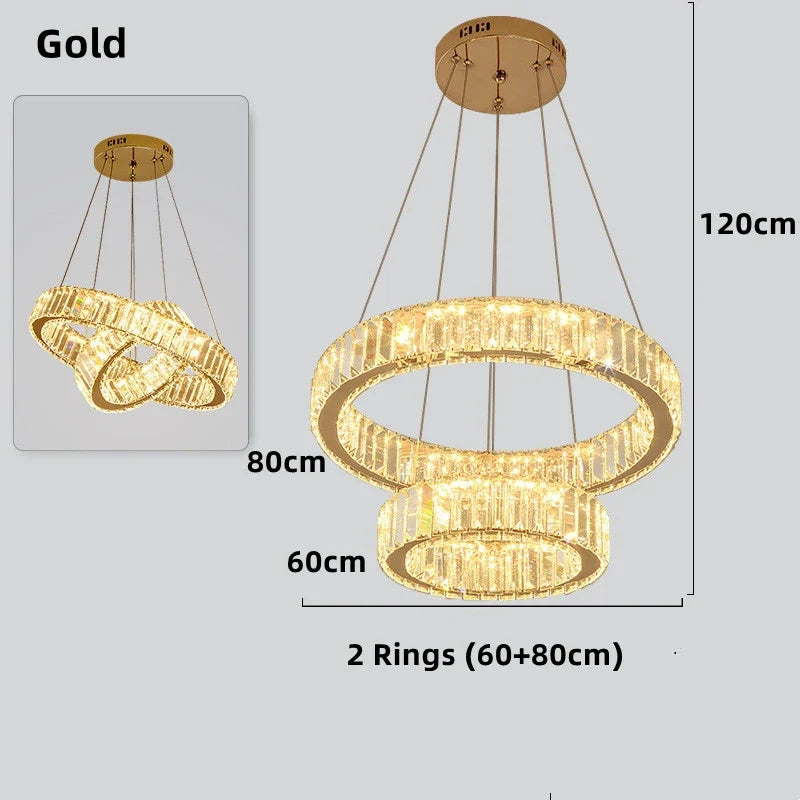 lustre moderne en cristal avec anneaux réglables pour décoration intérieure