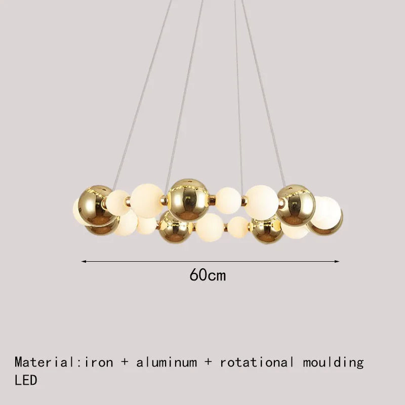 lustre led boule acrylique avec anneau doré et fils réglables