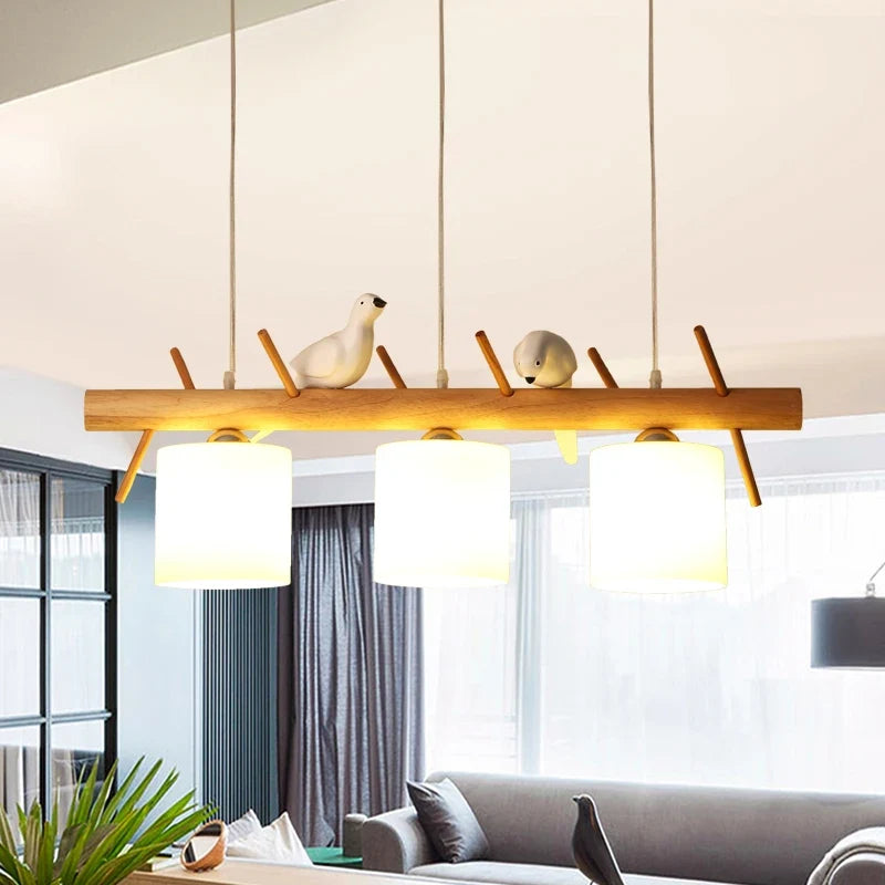 Lustre nordique en bois massif avec oiseaux