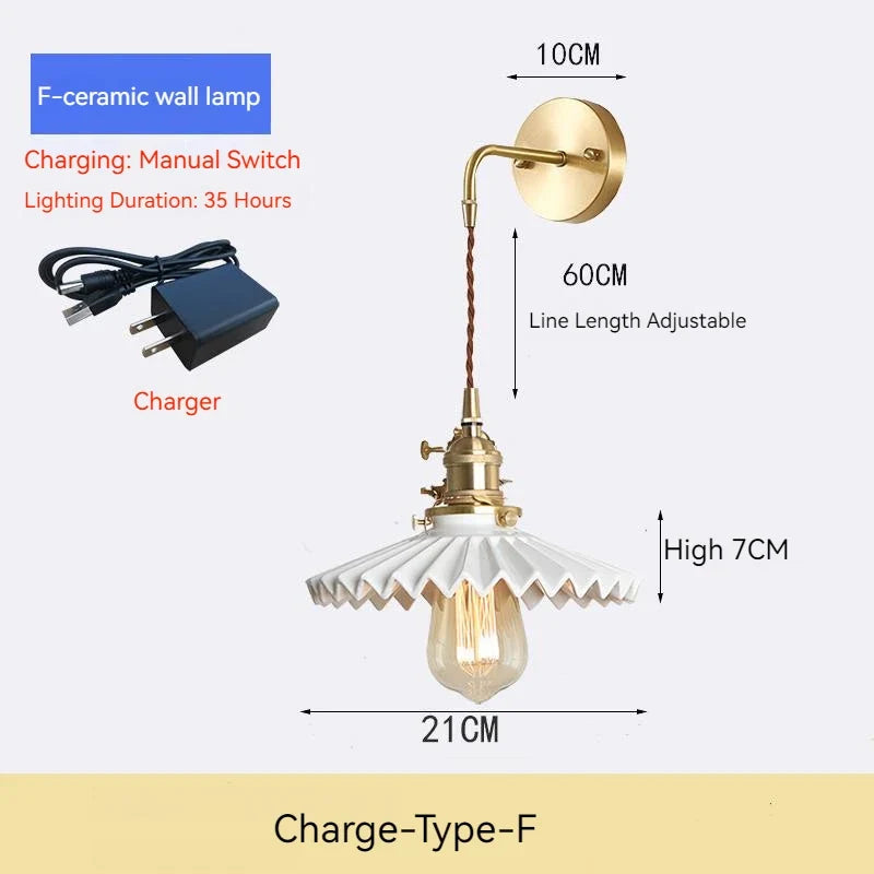 applique murale rechargeable en céramique avec interrupteur rotatif style vintage