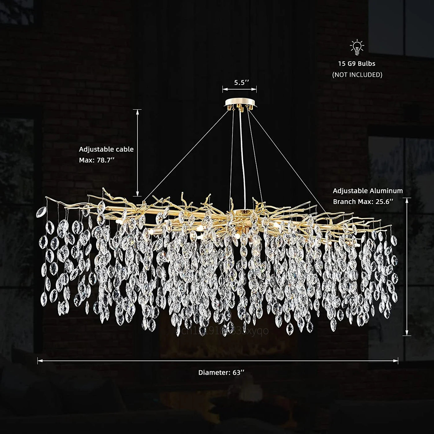 lustre en cristal de luxe avec branches led pour intérieur moderne