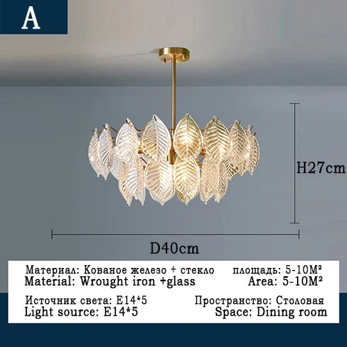 lustre moderne en verre suspendu avec décoration de feuilles