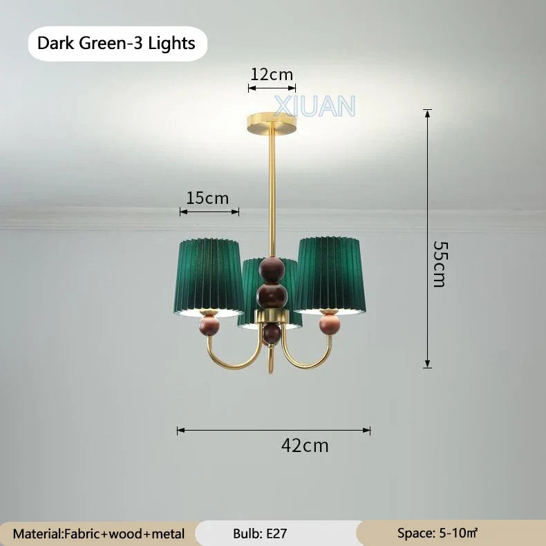 lustre led vintage américain en tissu plissé et bois wabi-sabi