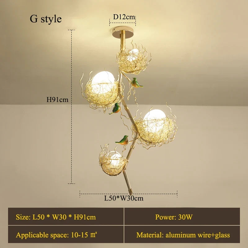 lustre led moderne en forme de nid d'oiseau avec boule de verre