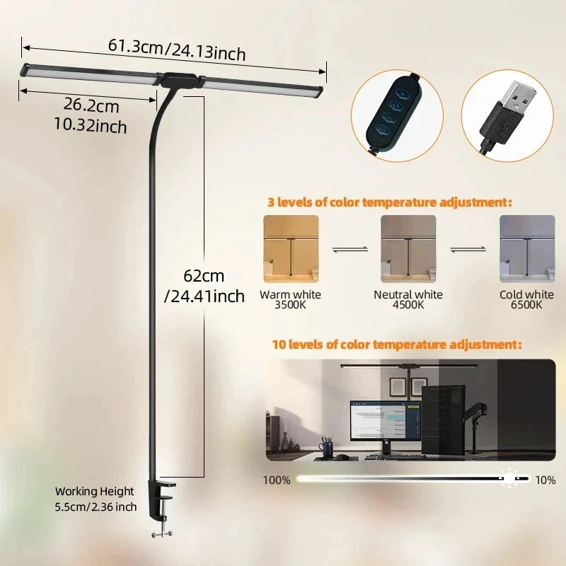 Lampes de bureau Led Double tête réglable en continu USB lampe de Table moniteur d'ordinateur lumière pour bureau étude lecture luminaire