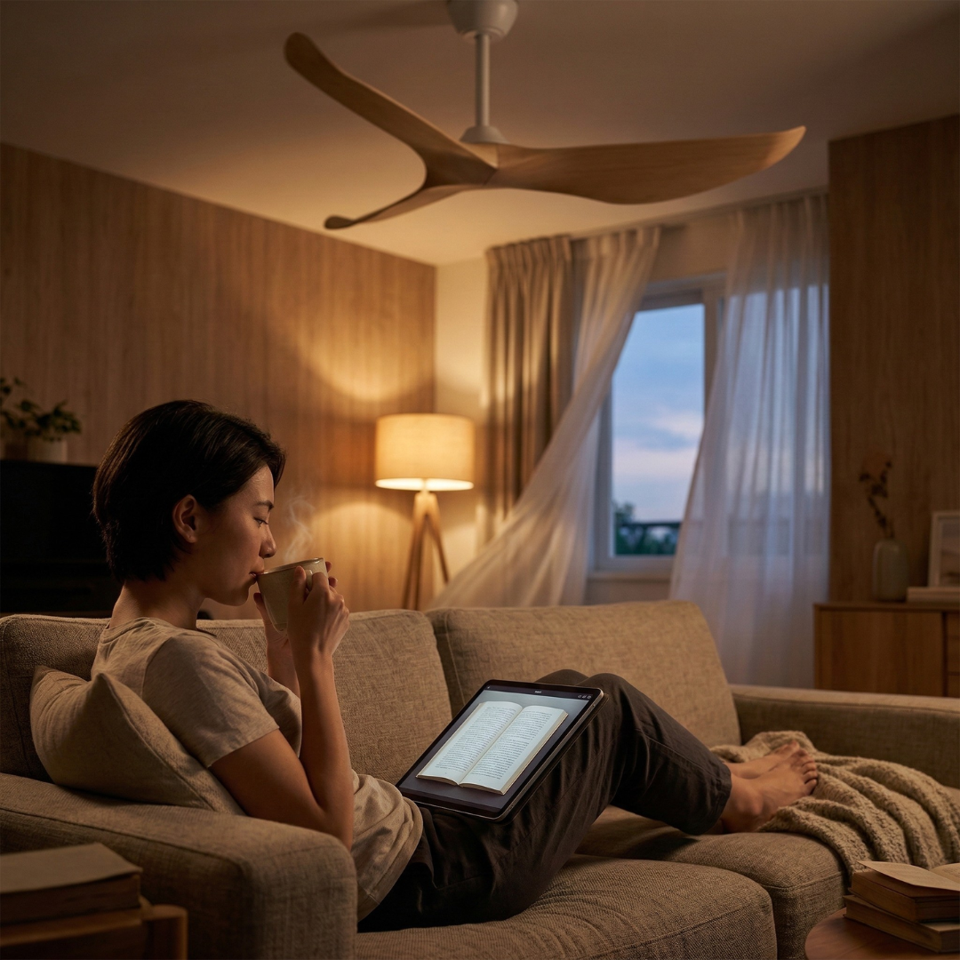 Ventilateur de plafond blanc mat à trois pales en bois clair — Anis