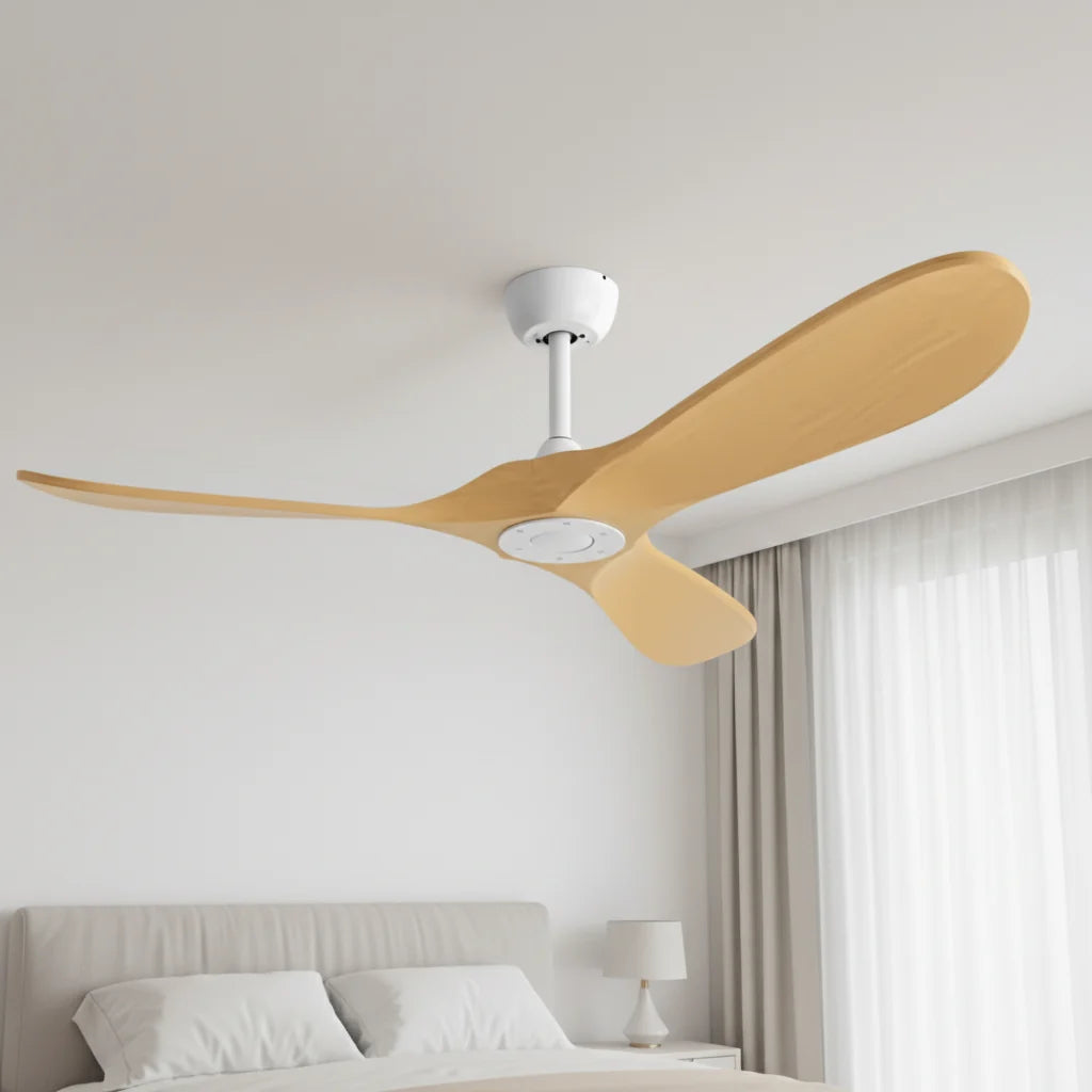 Ventilateur de plafond blanc sans éclairage, effet bois clair — Arbousier