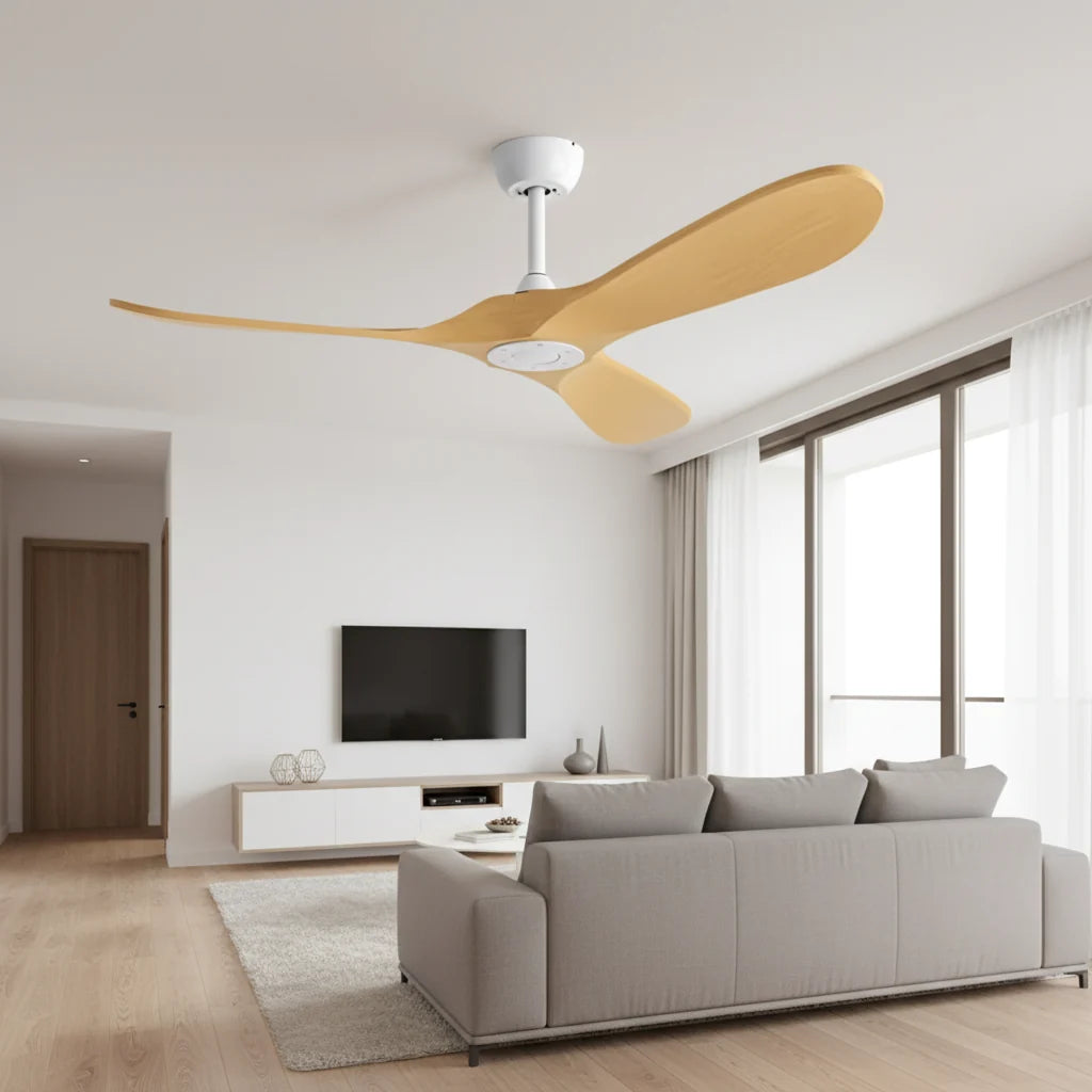 Ventilateur de plafond blanc sans éclairage, effet bois clair — Arbousier